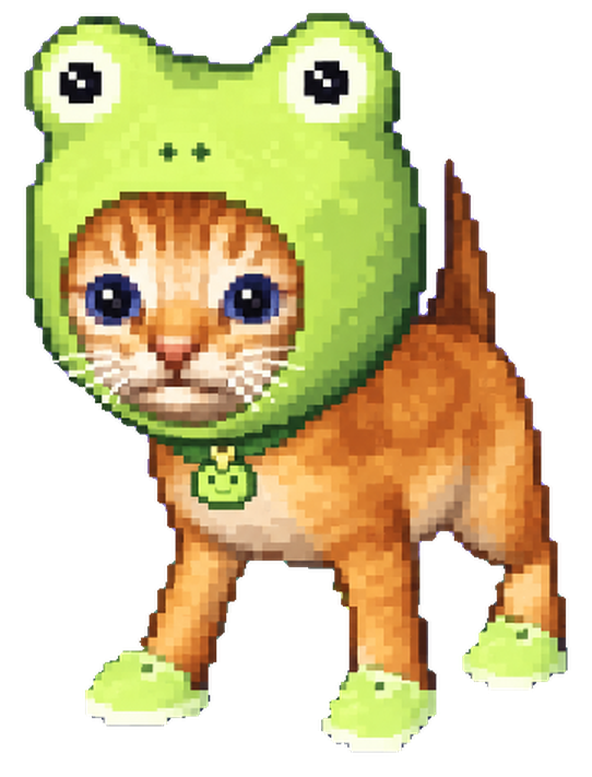 Kittoad, an orange tabby kitten wearing a green frog hood, frog slippers and a small frog medallion