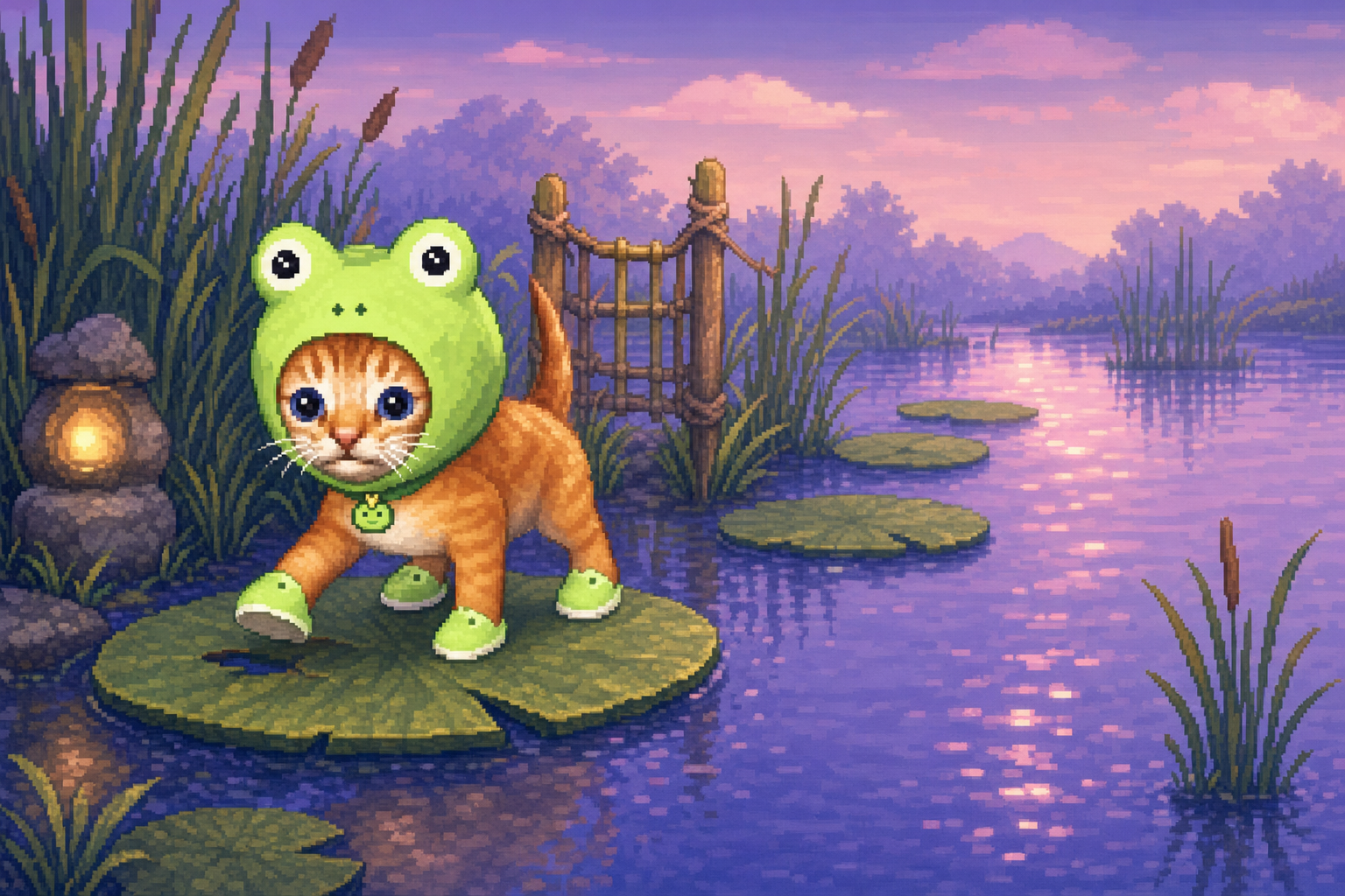 Kittoad stepping across a lily pad in a dusky marsh beside reeds, a glowing stone lantern and a rope gate